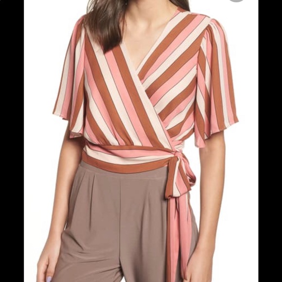 Leith Tops - Leith Pink Brown Striped Short Sleeve Cropped Wrap